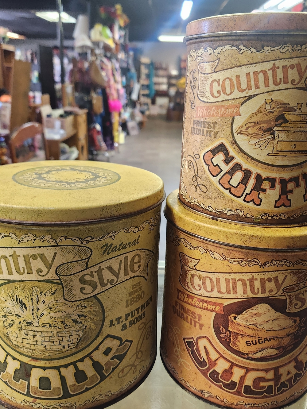 Vintage Country Kitchen Storage Canisters - Flour, Coffee, Sugar